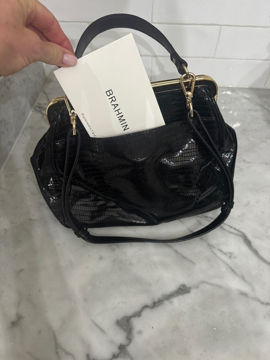 Brahmin Handbags - Brahmin Black Embossed Leather Frame Satchel Shoulder Bag Gold Hardware
